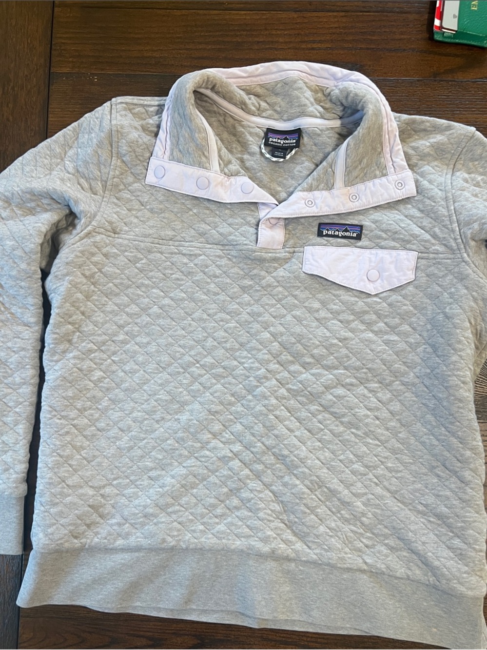 Patagonia Quilted Snap Pullover Sweatshirt - Light Gray with Lavender Trim